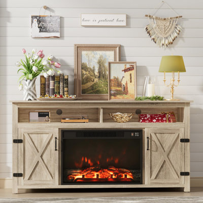 Meuble télé de style campagnard avec foyer, pour téléviseur de 65 po ou moins, meuble audio-vidéo Highboy avec rangement ouvert, armoires latérales et portes de grange