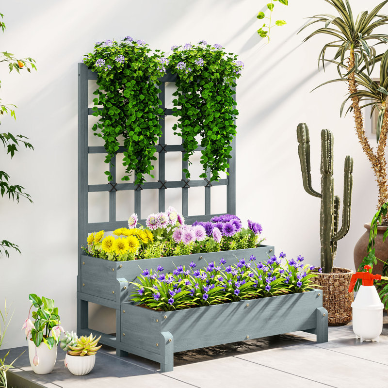 Raised Garden Bed with Trellis, Grey