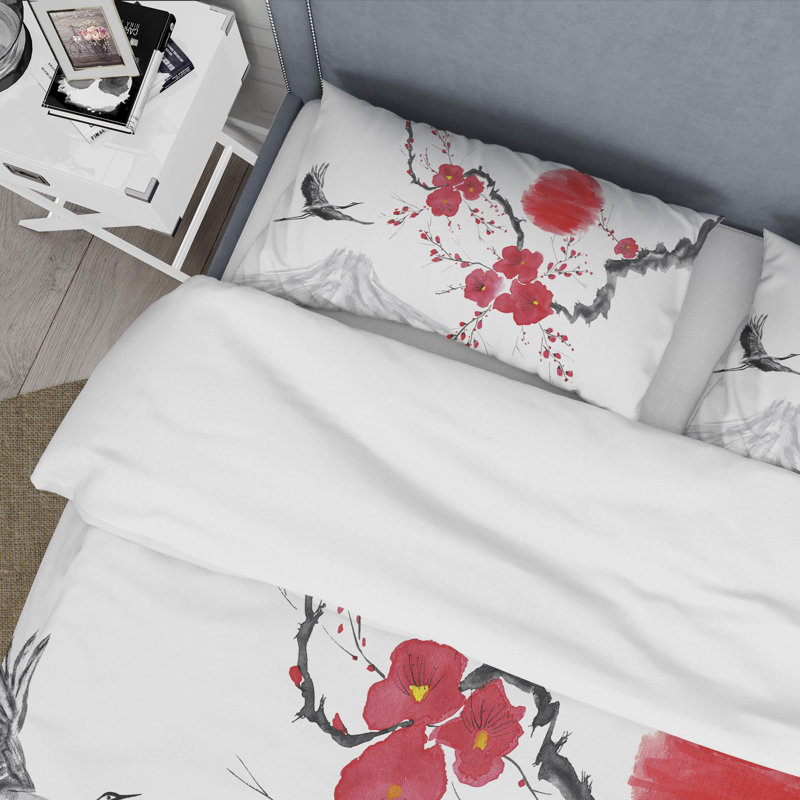 Fleurs de prunier roses et rouges II - ensemble de housse de couette traditionnel - microfibre de polyester