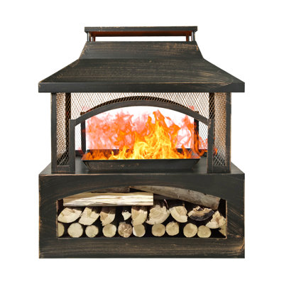 Rectangular Metal Outdoor Wood Burning Fireplace - Outdoor Fireplace With Built-In Log Storage And Poker-Brushed Bronze, Log Burner Fire Pit For Patio Garden And Backyard