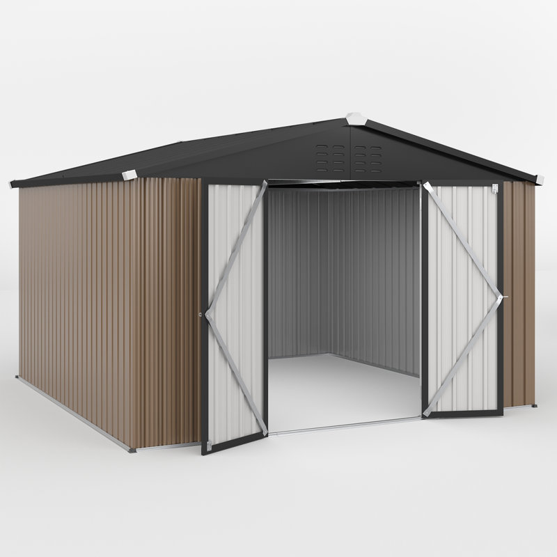 10X10 FT Metal Garden Shed With Lockable Door, Outdoor Storage For Tools & Bikes, Brown