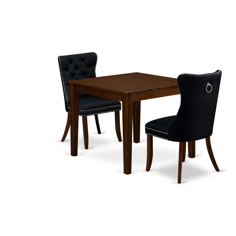 3 Piece Dinette Set for Small Spaces Contains a Square Kitchen Table and 2 Polyester Fabric Upholstered Parson Chairs, Antique Walnut