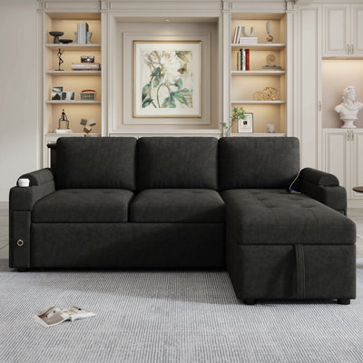 Canapé modulaire en L de 83,5 po avec canapé en L et canapé-lit avec amplement d'espace de rangement, deux porte-gobelets et deux ports USB pour le salon