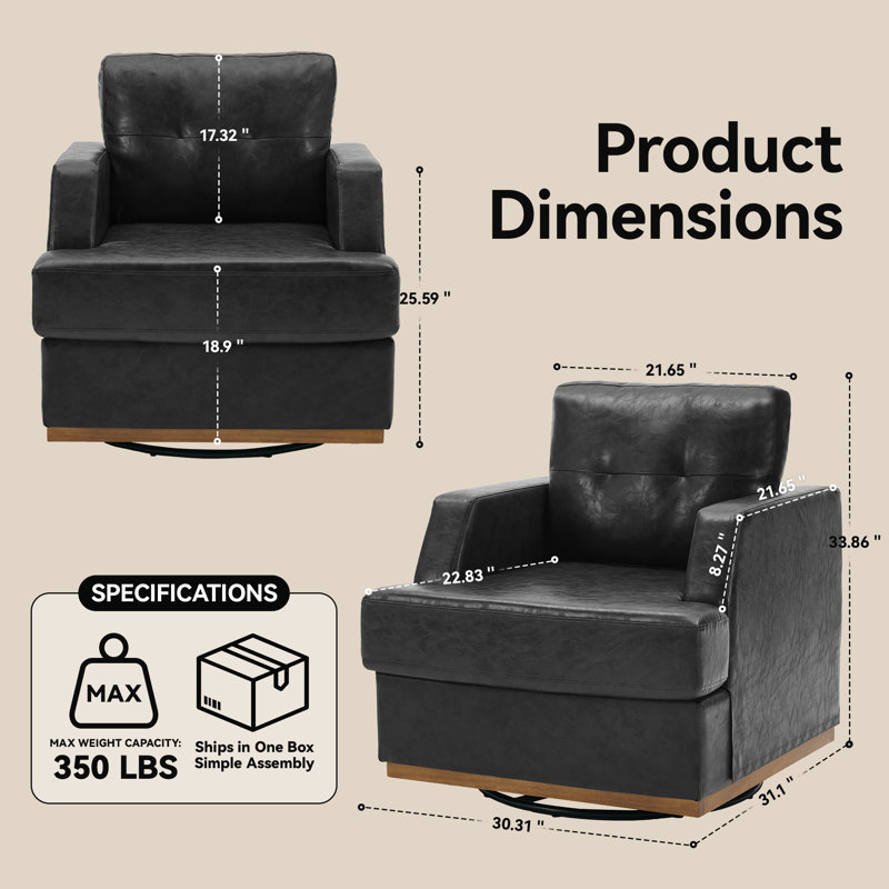 Fauteuil d'appoint pivotant à 360 ° de 30,3 po de largeur avec revêtement en chenille ou similicuir, Black Faux Leather