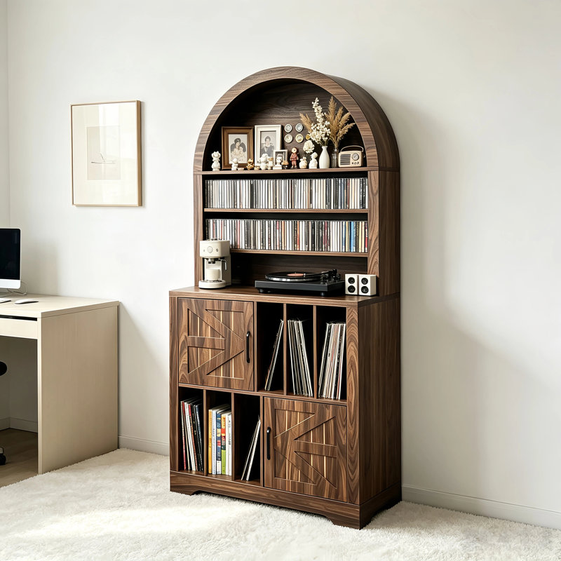 Armoire audio arquée Mid-Century, rangement pour disques vinyles avec portes et support pour tourne-disque