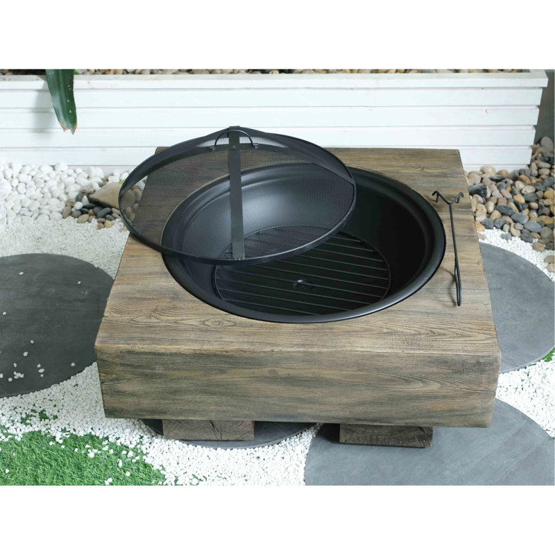 Outdoor Fire Pit With Wood Grain Appearance - 27.17In D X 24.17In W 18.11In H, 15.27Lb, Magnesium Oxide, Antique Dark Grey, Ideal For Garden & Outdoor, Wood-Fueled Grey Fireplace High, Deep, Wide,