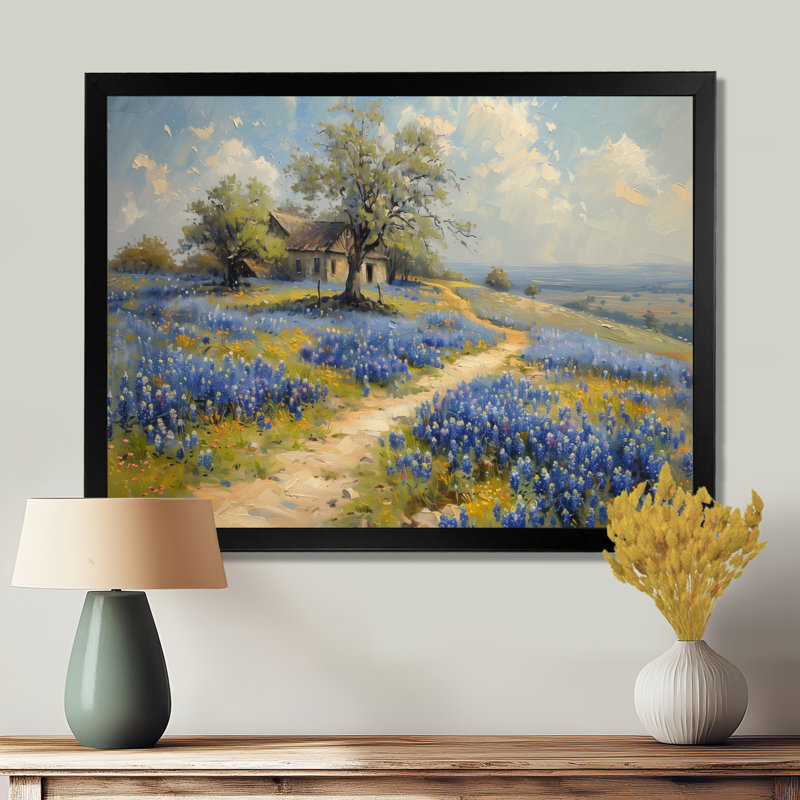 «Blue Green Summer Meadow Charm Blue Bonnets II - Blue Bonnets», art mural, Toile encadrée noire simple