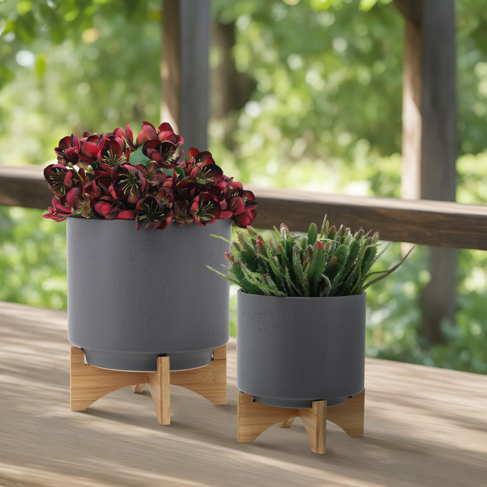 Sagebrook Home Ascend Neutral Ceramic Planter Pot with Stand Indoor/Outdoor, 12" H x 10" W x 10" D, Gray, 1