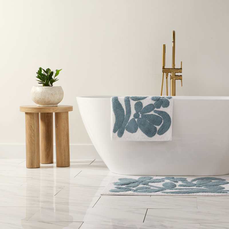 Tapis de bain 100% coton à motif floral, 34 po x 21 po, Motif floral bleu
