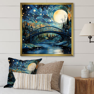 Teal Bridge Flowing Connections Pointillism II - Pointillism Wall Art Living Room