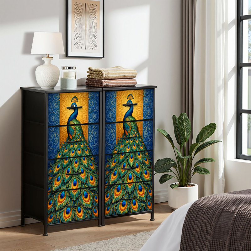 Commode 4 tiroirs pour chambre à coucher, commode étroite, plateau en bois et structure en fer 18 "x 37,5" - (l x H) - avec des plumes de paon bleues élégantes et abstraites