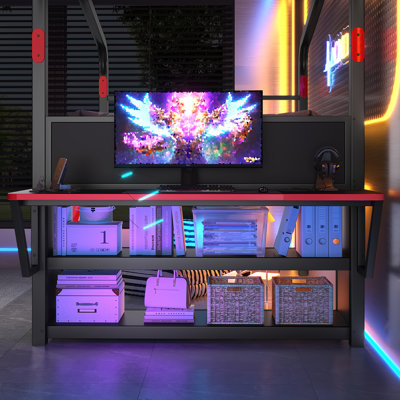 Metal Low Loft Bed with Side Desk, USB Ports, LED Lights, Storage Cabinets and Canopy