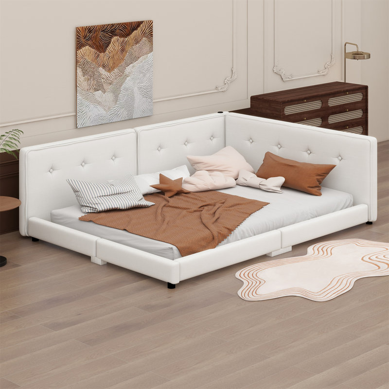 A  Upholstered Platform Bed With Built-In USB Ports, Beige, Full