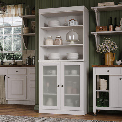 100% Solid Wood 32" Pantry Cabinet with Frosted Glass Doors and Adjustable Shelves by Latitude Run