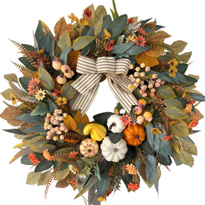 24 Inch Fall Wreath for Front Door,Pumpkin Wreath Farmhouse Decor | Autumn Eucalyptus Leaves Frosted Berries & Striped Bow, Rustic Thanksgiving Decor for Indoor Outdoor Porch Wall Home
