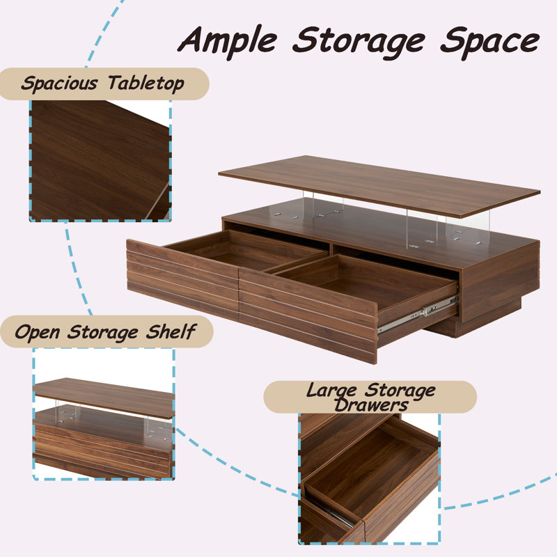 47.2" Modern Rectangular Coffee Table With 2 Drawers And Multi-Color LED Lights, Walnut