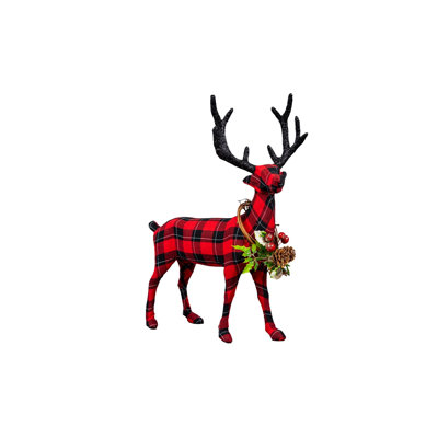 35cm Tartan Reindeer Standing Christmas Decoration in Red and Black Plaid