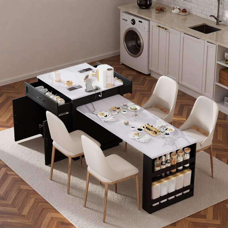 Kitchen Island With Extendable Dining Table, Power Outlet, 2 Drawers, 2 Side Open Shelves And Double-sized Storage Design