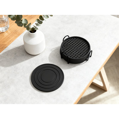 Silicone Drink Coasters 6-Pack With Holder, Heat Resistant Non-Slip Cup Mats For Tabletop Protection, Reusable And Dishwasher Safe