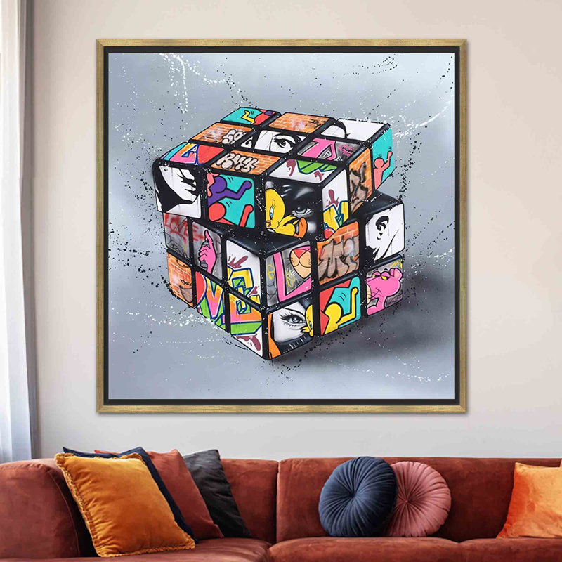 Reproduction d'art sur toile imprimée: Rubik's Cube Graffiti Design - Modern Decor, 1P GoldFramedCanves