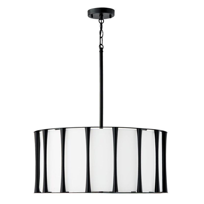 Luminaire suspendu 4 lumières l 24,5 "x H 11" en laiton mat avec abat-jour en tissu blanc avec diffuseur en acrylique givré