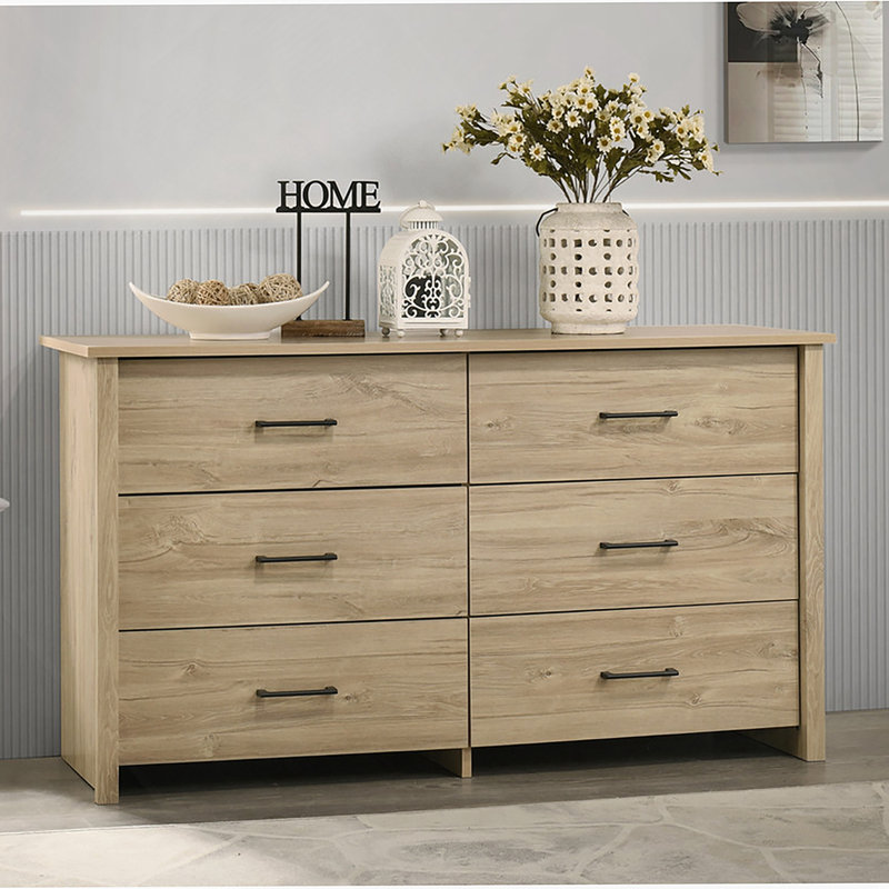 Commode 6 tiroirs avec poignées en métal, Chêne clair