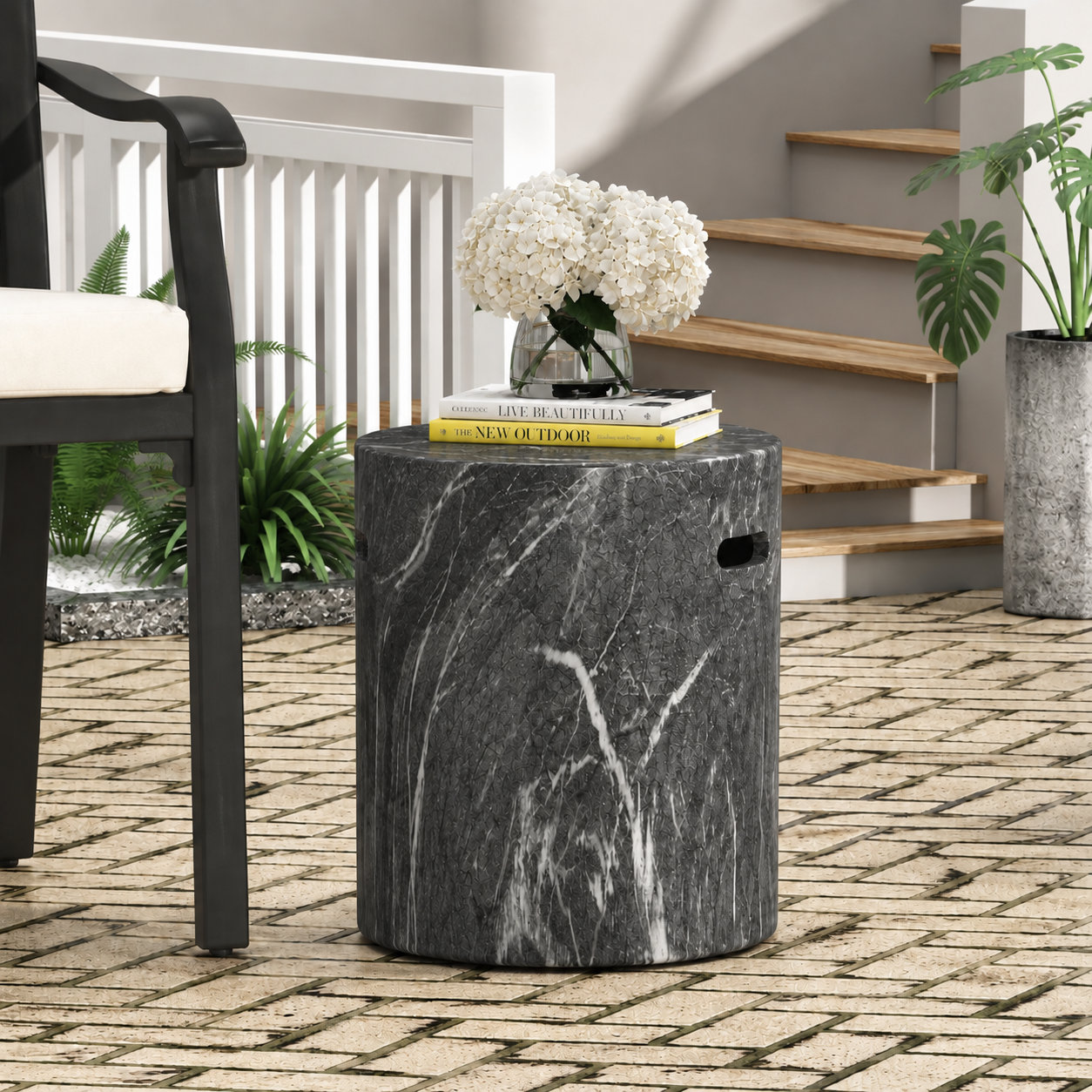 Sondra 16" Patio Side Table, Dark Gray Marble