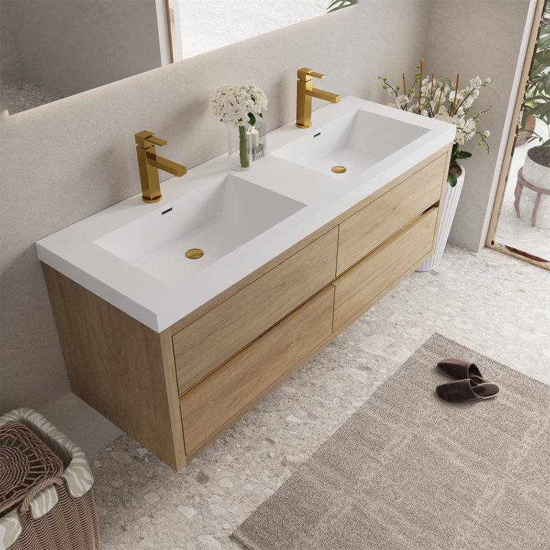 Meuble-lavabo mural avec lavabo, Bois de chêne naturel, 59"