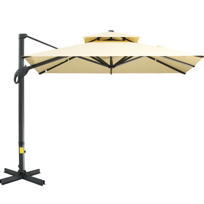 Parasol excentré 10 pi beige, pivotant à 360 degrés, inclinable, carré, avec base en aluminium pour parasol en porte-à-faux extérieur, rotation, abat-jour