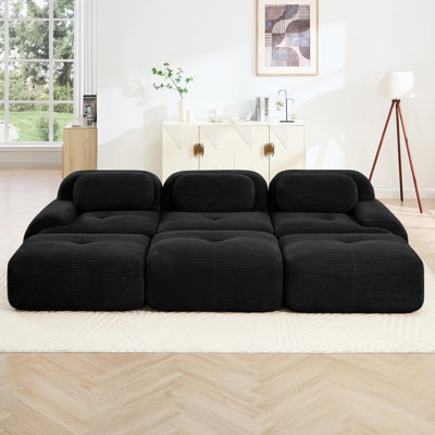Modulaire à trois places en velours côtelé noir avec 3 repose-pieds, sans assemblage, pour animaux de compagnie, éponge incurvée ultra large et haute résilience 32d pour la location de vacances, noir, tissu, et repose-pieds Coastal Living