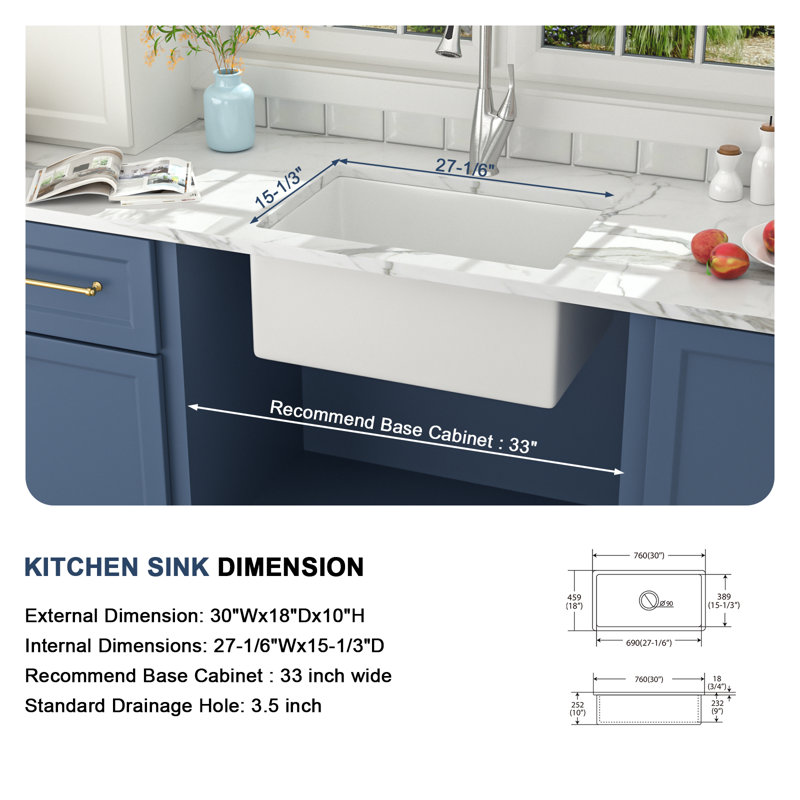 30" L x 18" W White Fireclay Undermount/Drop-In Kitchen Sink Fireclay Single Bowl Kitchen Sink with Sink Grid and Gold Drainer
