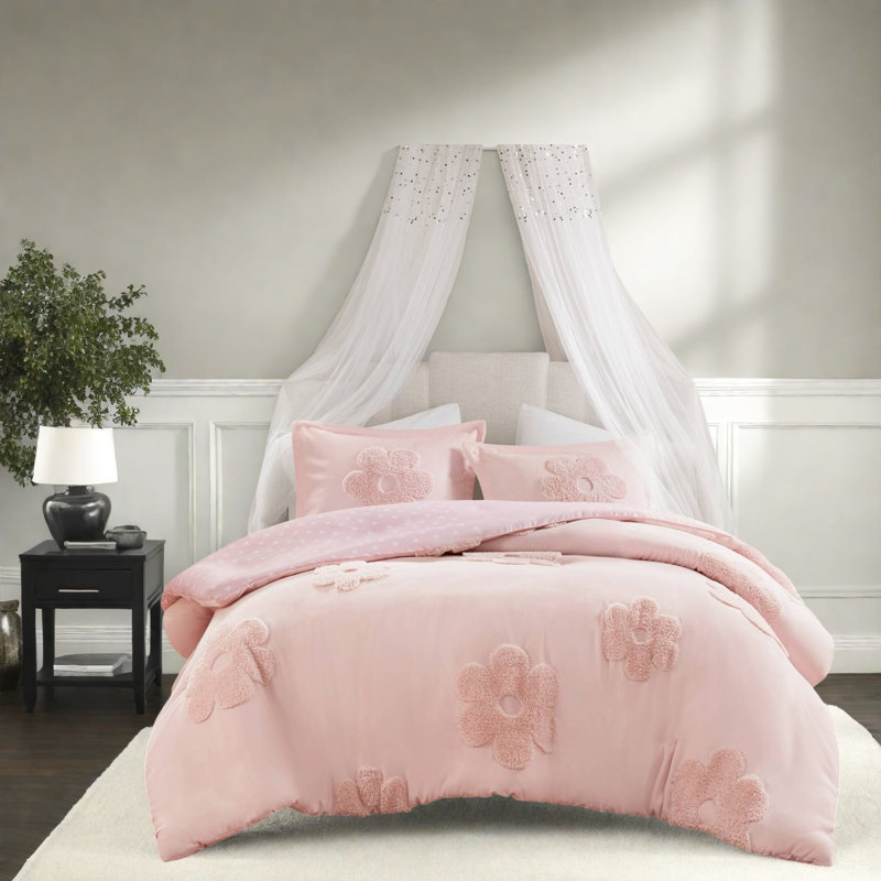 Ensemble de literie en chenille à motif floral, motif rose réversible, grand