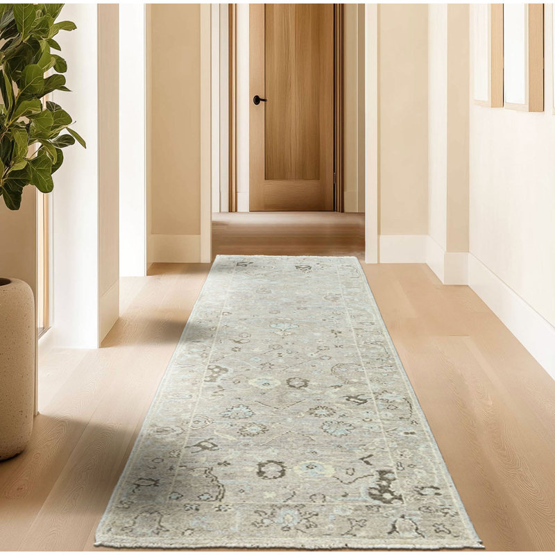 Tapis transitionnel gris Oushak en laine noué à la main 2 pi 6 po x 8 pi, Tapis de couloir 2 pi 6 po x 8 pi