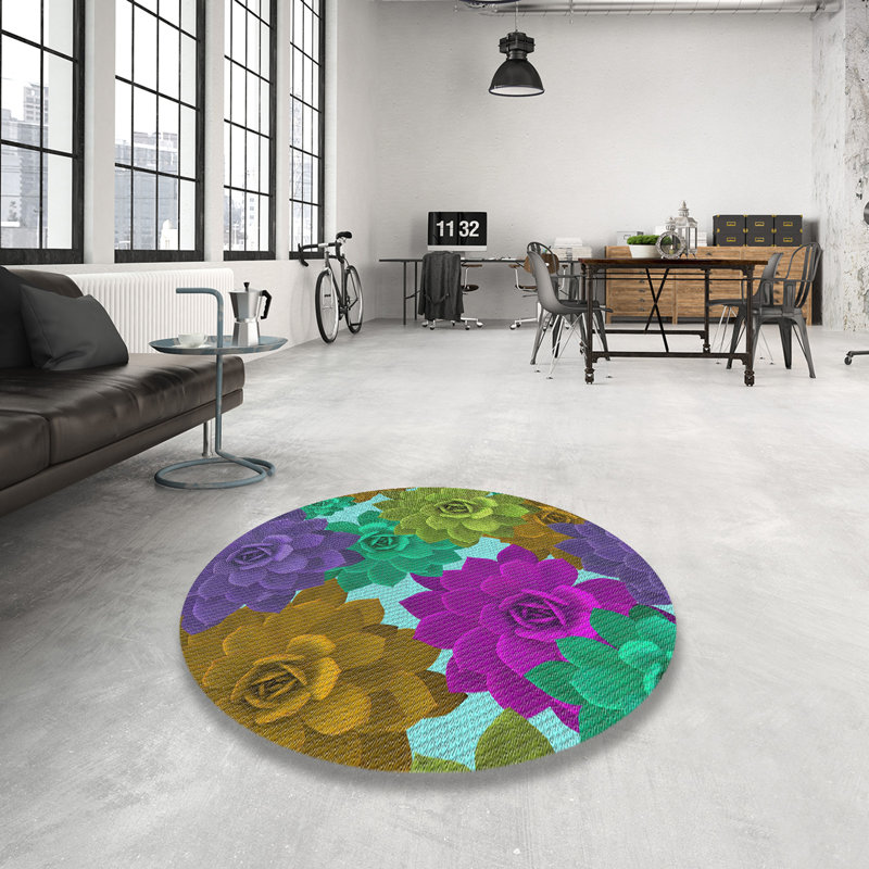 Tapis rose/vert/jaune tissé à la machine, Rond 6 pi