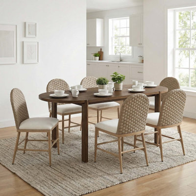 7PCS Modern Oval Dining Set, Rustic Farmhouse Solid Wood Kitchen Table With 6 Hand-Woven Back Design Dining Chair