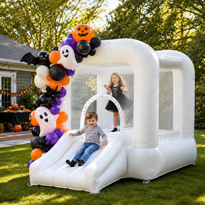 Maison de rebond pour tout-petits, mini maison de rebond blanche avec glissoire et souffleur pour utilisation intérieure / extérieure, cadeau de fête d'anniversaire pour enfants / tout-petits 