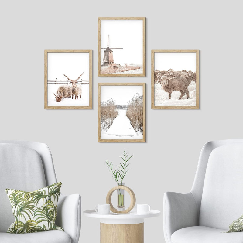 «Winter Country Farm», ensemble de 4 moulins à vent, décorations murales encadrées sur papier, impression 4 pièces, Naturel