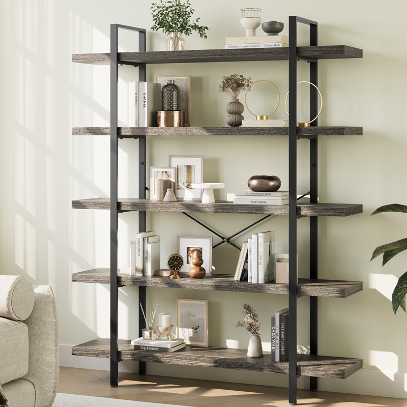 Heavy Duty Industrial Bookcase, 47" Wide Wood Bookshelf for Home Office, 120lbs Shelf Capacity, Rustic Shelving Display with Reinforced Horizontal Shelf for Living Room Bedroom,Grey