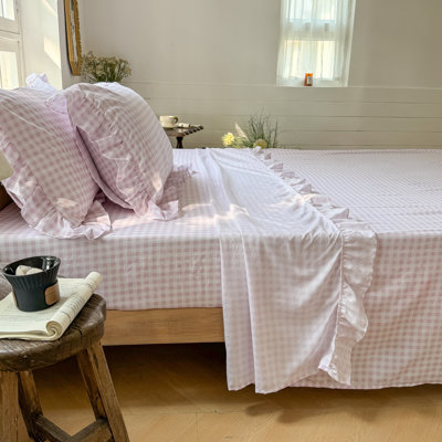 Gingham Ruffle Sheet Set, Soft Pre-Washed Microfiber Plaid Ruffled Bed Sheets, Farmhouse Sheet Set with Deep Pocket