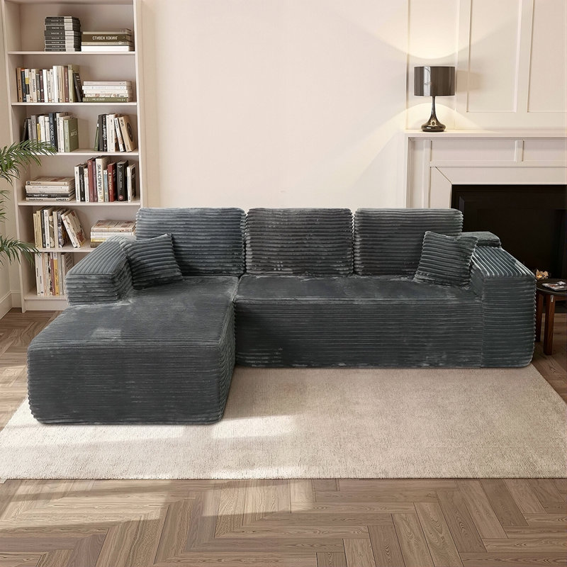Canapé modulaire 105 po avec méridienne en L 105 po, canapé modulaire moderne avec assise profonde, canapé rembourré pour la chambre à coucher du salon, aucun assemblage requis, (tissu en velours côtelé moelleux), gris, gauche