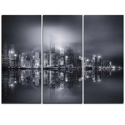 Hong Kong Black and White Panorama - 3 Piece Photographic Print on Wrapped Canvas Set -  Design Art, PT10979-3P