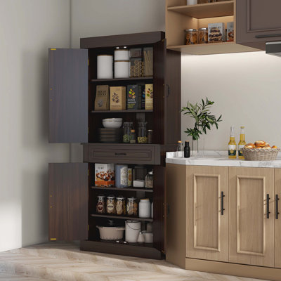 Freestanding Kitchen Pantry With 4 Doors, Tall Storage Cabinet With Wide Drawer, Large Accent Cabinet