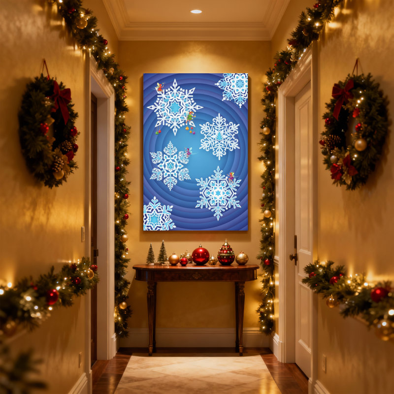 Motif de flocons de neige de Noël sur fond bleu avec des accents colorés, ensemble de 3 impressions d'art sur toile