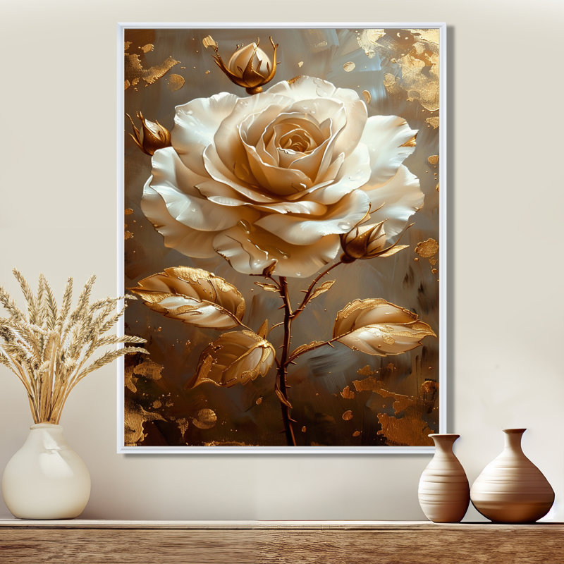 Or blanc doré doré feuilles dorées - rose, art mural, Toile encadrée flottée blanche, H 20 po x l 12 po x P 1 po
