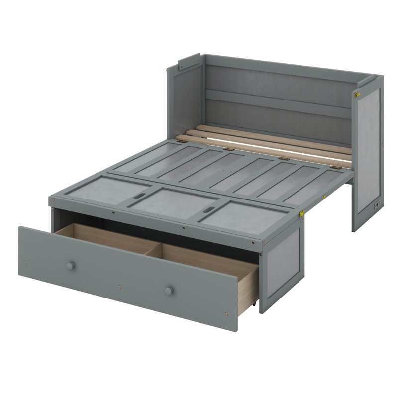 Lit escamotable Hynes, lit escamotable en bois massif avec port USB et grand tiroir, Gris, Full