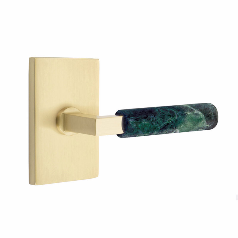 Ensemble de leviers d'intimité Emtek Select, moderne Rosette, tige carrée en L, CF, Laiton satiné / poignée en marbre vert