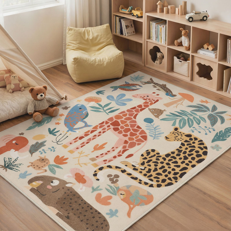 Aarna Safari Jungle Animals & Botanical Kids Area Rug, Machine Washable, Inspired Faux Wool - High-Rebound Foam & Non-Slip Backing
