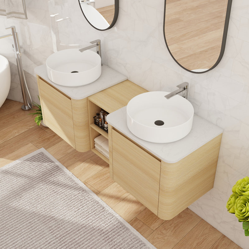 60'' Double Floating Bathroom Vanity With Ceramic Sink, Wall Mounted Bathroom Vanity With Soft Close Door And Shelf, 59"