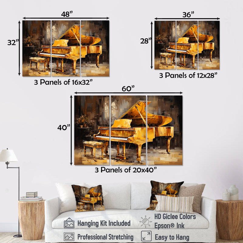 «Black and Yellow Piano Jazzed Keys» - ensemble d'art mural piano, H 32 po x l 48 po x P 1 po