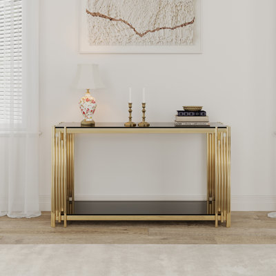 Aaradhya Wood Storage Console Table with Sturdy Metal Frame and Tempered Glass Top